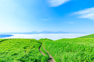 初夏の大観峰から見た雲海と景色　熊本県阿蘇市　Sea of ​​clouds and...