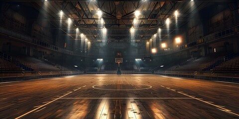 An empty basketball court glowing with spotlights, ready for the game to start.

