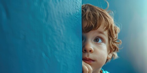 Young child standing against a bright blue background with no additional context