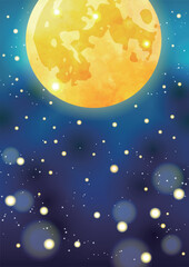 Fototapeta premium お月見、すすき、満月、背景、かわいい、イラスト、縦