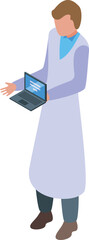 Doctor holding laptop showing medical data in isometric view for design