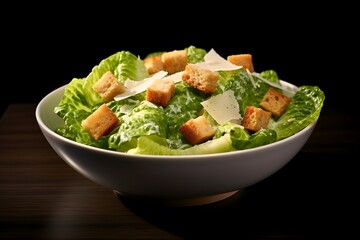 Traditional caesar salad consisting of parmesan cheese, croutons, and lettuce. salad with Caesar dressing. Delicious vegetarian recipe for a cookbook. menu for diet and fitness. top view.