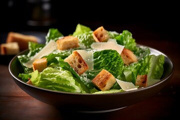 Traditional caesar salad consisting of parmesan cheese, croutons, and lettuce. salad with Caesar dressing. Delicious vegetarian recipe for a cookbook. menu for diet and fitness. top view.