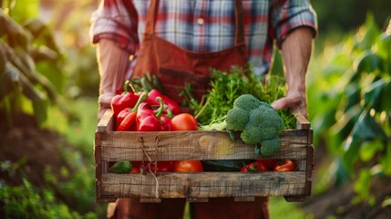 Fototapeta premium farmer holding wooden box full of fresh vegetables. harvesting season. basket with vegetables in the hands of a farmer background, healthy, organic, food, agriculture