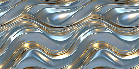 Abstract 3D render featuring a luxurious blend of silver and gold in a wavy, flowing pattern. Ideal for backgrounds that convey elegance and modern design.