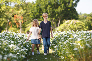 Fototapeta premium Lovely little children playing or running together at park.