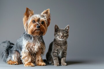 Portrait of Yorkshire terrier and gray cat