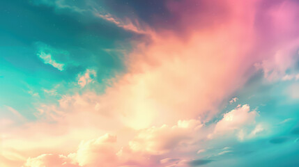 Obraz premium Blurry warm summer colorful sky with small white clouds on a multicolor background. Vintage 70's retro vintage colors. Soft gradient glamour contemporary landscape concept. Smooth pastel, copy space.