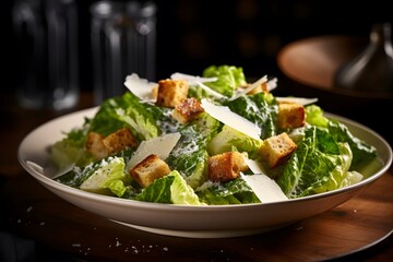 Traditional caesar salad consisting of parmesan cheese, croutons, and lettuce. salad with Caesar dressing. Delicious vegetarian recipe for a cookbook. menu for diet and fitness. top view.