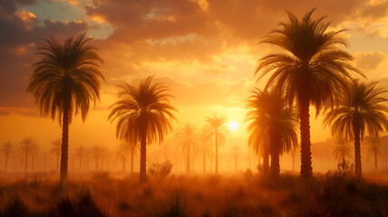 Obraz premium A beautiful golden hour sunset with palm trees and silhouettes. Creative tropical landscape background. Tropical nature concept.