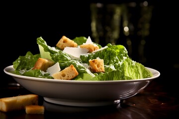 Traditional caesar salad consisting of parmesan cheese, croutons, and lettuce. salad with Caesar dressing. Delicious vegetarian recipe for a cookbook. menu for diet and fitness. top view. superior qua