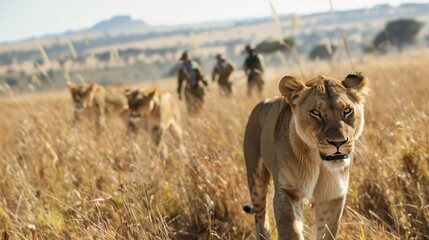 Fototapeta premium Biologists in a savannah study lions, capturing interactions and insights into their social dynamics and hunting.