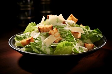 Traditional caesar salad consisting of parmesan cheese, croutons, and lettuce. salad with Caesar dressing. Delicious vegetarian recipe for a cookbook. menu for diet and fitness. top view. superior qua