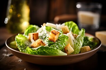 Traditional caesar salad consisting of parmesan cheese, croutons, and lettuce. salad with Caesar dressing. Delicious vegetarian recipe for a cookbook. menu for diet and fitness. top view. superior qua