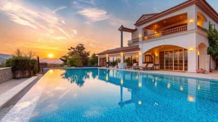 Obraz premium beautiful mansion with a large pool and palm trees on a sunset