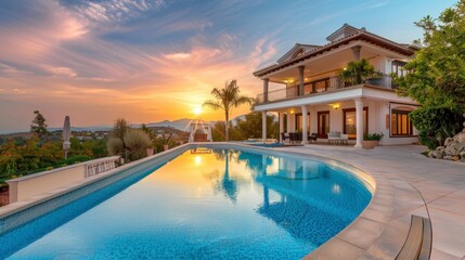 Fototapeta premium beautiful mansion with a large pool and palm trees on a sunset
