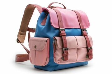 Blue And Pink Leather Backpack With Buckles