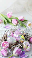 Fototapeta premium The Colorful Easter Eggs Background: Vibrant Celebration of Spring and Renewal. Ideal for greeting cards, Easter-themed decorations, social media posts, event invitations, and digital backgrounds
