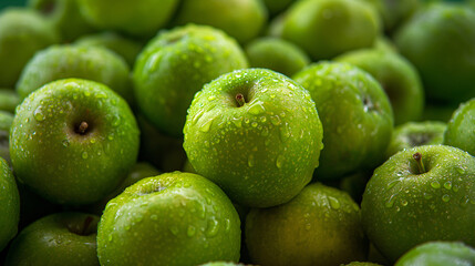 Obraz premium Close-up of fresh green apples with water droplets, showcasing vibrant color and natural texture in a bountiful display