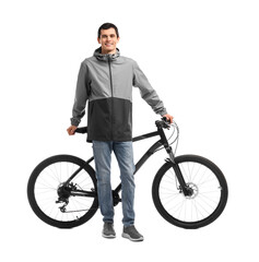 Naklejka premium Smiling man with bicycle isolated on white