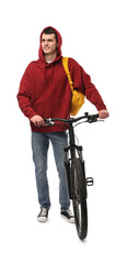 Smiling man with bicycle isolated on white