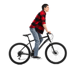 Obraz premium Smiling man riding bicycle on white background