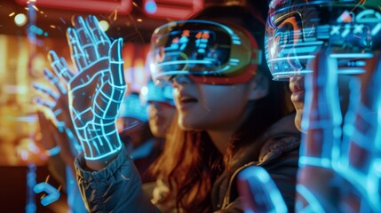 A futuristic sci-fi room with holographic interfaces and VR immerses participants, their gestures excited.