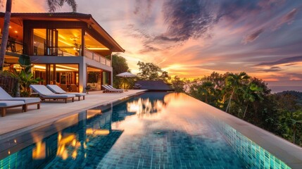Fototapeta premium beautiful mansion with a large pool and palm trees on a sunset