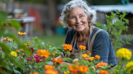 senior woman gardening in her backyard, surrounded by colorful flowers and plants, radiating joy and fulfillment, with plenty of copy space for text