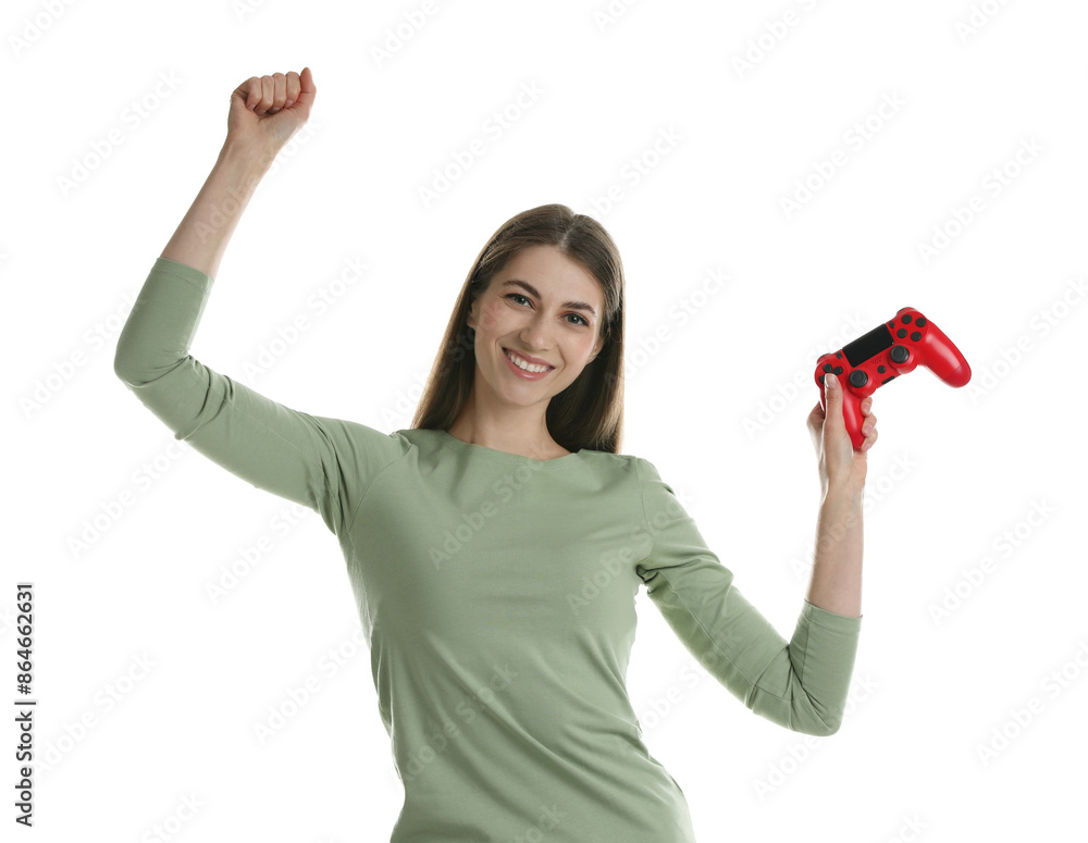 Wall mural happy woman with controller on white background