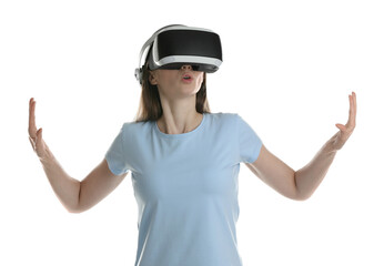 Surprised woman using virtual reality headset on white background