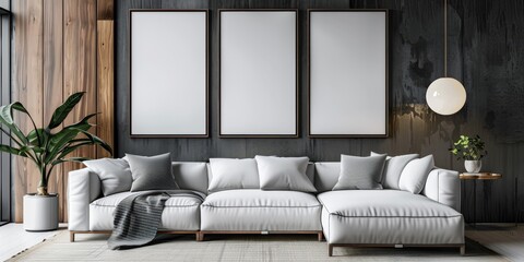 The image shows a living room with a sofa, a coffee table, a plant, and three frames on the wall