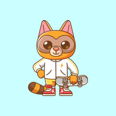 Cute raccoon pose Playing Skateboard animal kawaii chibi character mascot illustration outline style