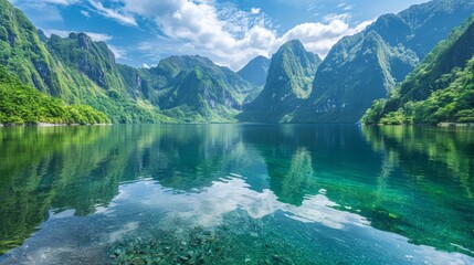 a crystal clear lake surrounded by lush greenery and towering mountains, reflecting the sky and landscape perfectly, creating a stunning and peaceful wallpaper, with plenty of copy space for text