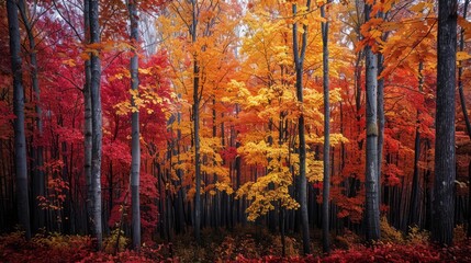 Fototapeta premium a vibrant autumn forest with trees adorned in red, orange, and yellow leaves, creating a warm and inviting background, with clear copy space for text