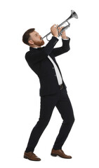 Obraz premium Handsome musician playing trumpet on white background