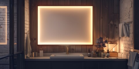 The photo shows a bathroom vanity with a large illuminated mirror, dark wood cabinets, and a vessel sink.