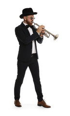 Handsome musician playing trumpet on white background