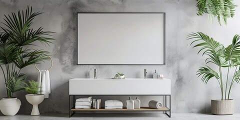 The photo shows a bathroom with a large mirror, two sinks, and a bathtub. The walls are decorated...