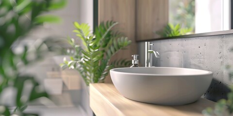 The photo shows a modern bathroom sink made of white ceramic