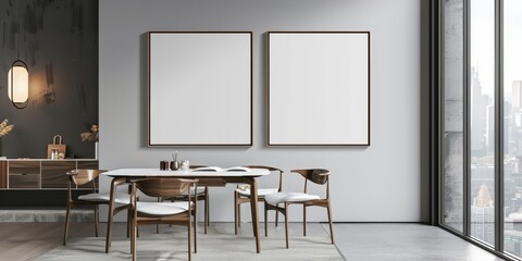 The photo shows a modern dining room with a table, chairs, and two blank frames on the wall