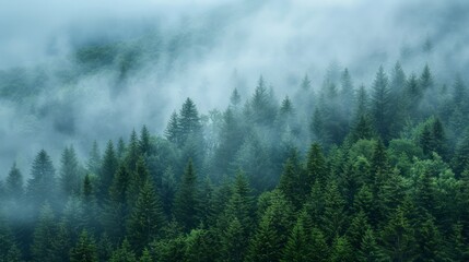 a misty morning in a dense pine forest, the fog creating an ethereal and mysterious atmosphere, perfect for a serene background, with clear copy space for text