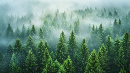 a misty morning in a dense pine forest, the fog creating an ethereal and mysterious atmosphere, perfect for a serene background, with clear copy space for text