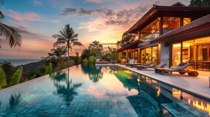 beautiful mansion with a large pool and palm trees on a sunset