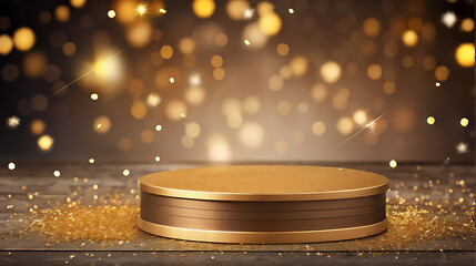 Background black podium stage gold award glitter light 3d platform product golden pedestal. Podium show black background abstract elegant ceremony dark display spotlight effect confetti night scene 