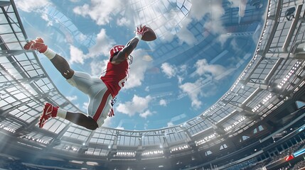 American Football Player Catching a touchdown Pass in a large stadium.