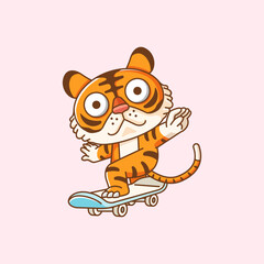 Cute tiger Playing Skateboard slide animal kawaii chibi character mascot illustration outline style