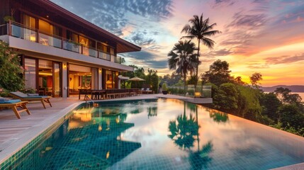 beautiful mansion with a large pool and palm trees on a sunset