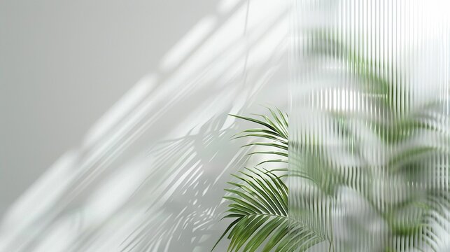 White Ribbed Background. Tropical plant background. Refreshing summer illustration. Blurred bokeh lights effect. Green palm with reeded glass.