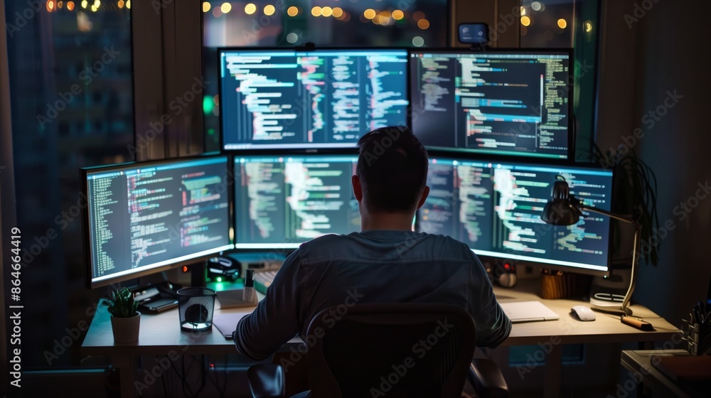Aufkleber a computer scientist works late, multiple monitors aglow with code. the room brims with focused inte